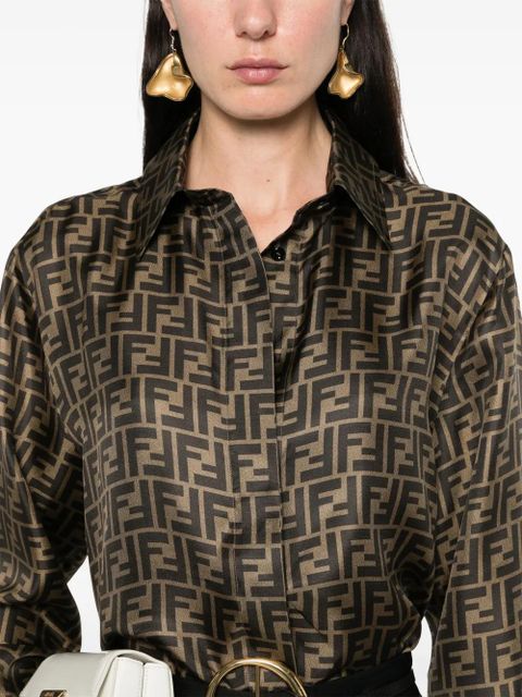FENDI FF-logo print silk shirt - Brown