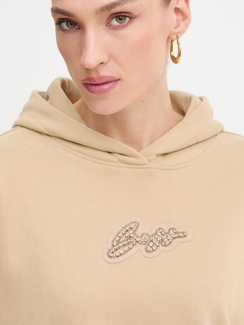 BOSS Orange bluza bawełniana damska kolor beżowy z kapturem z aplikacją 50545507