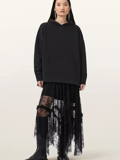 AllSaints bluza z bawełną CRANEO damska kolor czarny z kapturem z aplikacją W064JD