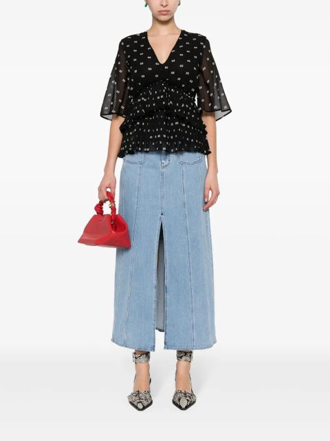 GANNI graphic-print V-neck pleated blouse - Black - zdjęcie produktu nr 2