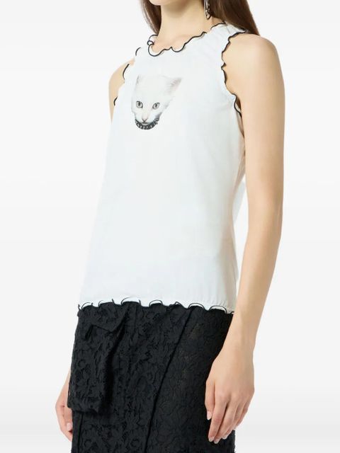 Blumarine cat-print ruffled T-shirt - White
