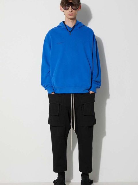 Pangaia bluza bawełniana kolor niebieski z kapturem z nadrukiem