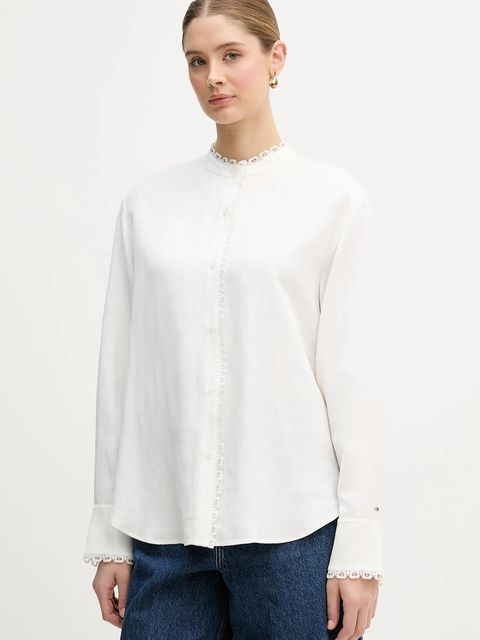 Tommy Hilfiger koszula z domieszką lnu damska kolor beżowy relaxed z kołnierzykiem klasycznym WW0WW48654 - zdjęcie produktu nr 1