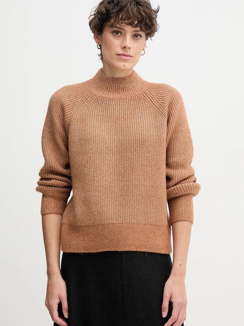 Calvin Klein Jeans sweter z domieszką wełny damski kolor brązowy z półgolfem LV044D372G