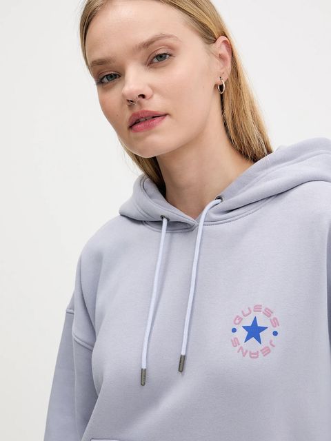 Guess Jeans bluza damska kolor fioletowy z kapturem z nadrukiem W5BQ24 KC811