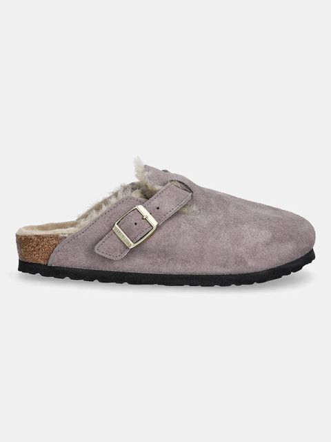 Birkenstock klapki zamszowe Boston Shimmering Shearling damskie kolor fioletowy 1030887