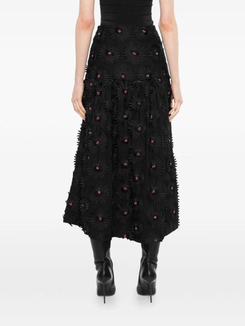 FARM Rio floral-appliqué midi skirt - Black