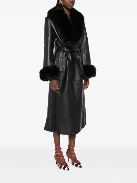 Self-Portrait faux fur-collared belted coat - Black