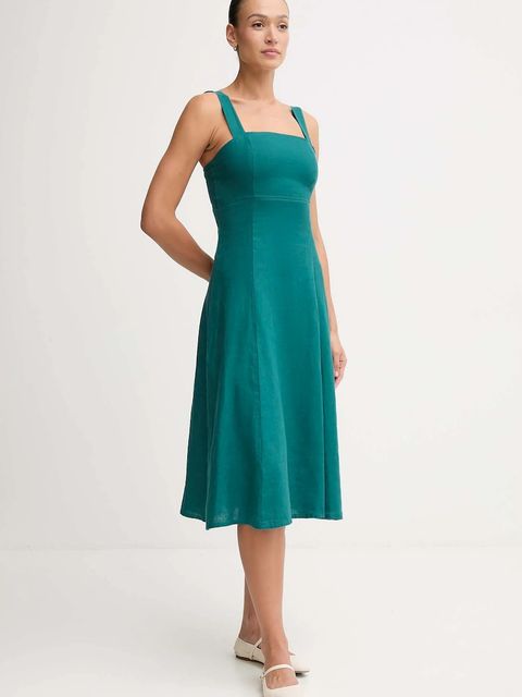 United Colors of Benetton sukienka lniana kolor zielony midi rozkloszowana 4AGHDV0AG