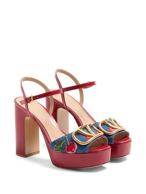 Valentino Garavani Vlogo Signature platform denim sandals with Cherryfic embroidery 115mm - Blue