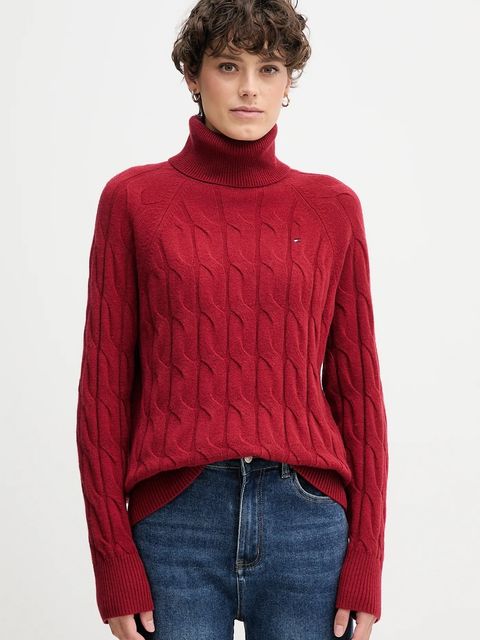 Tommy Hilfiger sweter wełniany damski kolor bordowy lekki z golfem WW0WW46791 - zdjęcie produktu nr 1