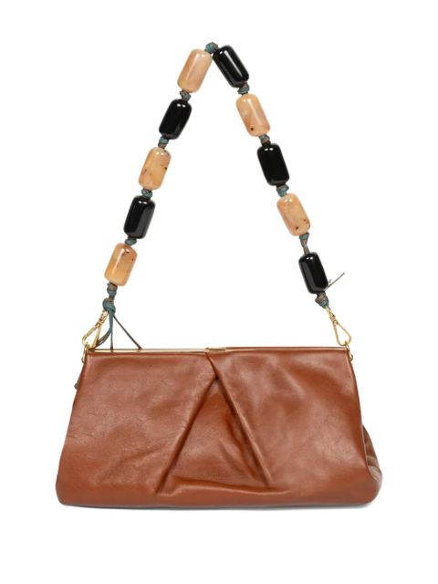 DRIES VAN NOTEN pleated beaded leather clutch bag - Brown