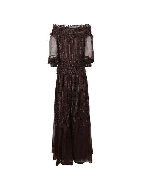 Self-Portrait Georgette metallic-thread shirred maxi dress - Brown - zdjęcie produktu nr 2