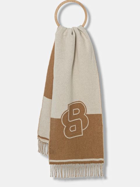 BOSS szalik z wełną damski kolor beżowy wzorzysty 50533865 - zdjęcie produktu nr 1