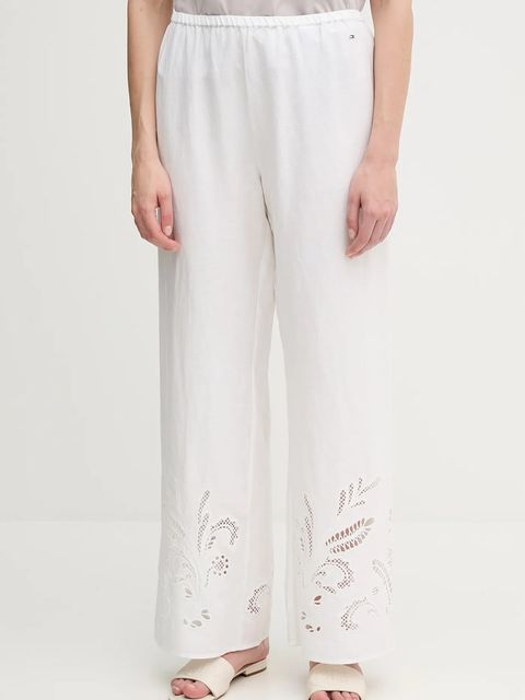 Tommy Hilfiger spodnie lniane damskie kolor beżowy proste high waist WW0WW44782