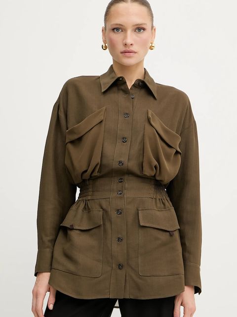 Pinko koszula z domieszką lnu damska kolor zielony regular z kołnierzykiem klasycznym 105017 A2I9