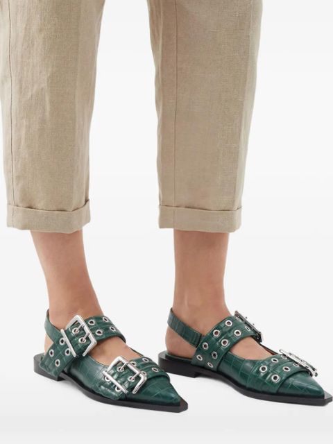 GANNI double-buckle pointed flat pumps - Green