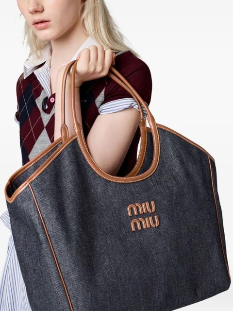 Miu Miu Ivy leather-trimmed denim shoulder bag - Blue