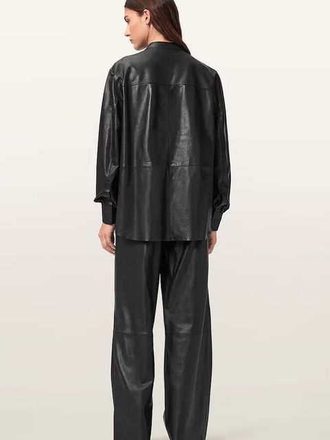 AllSaints spodnie skórzane ASH damskie kolor czarny szerokie high waist W028TD