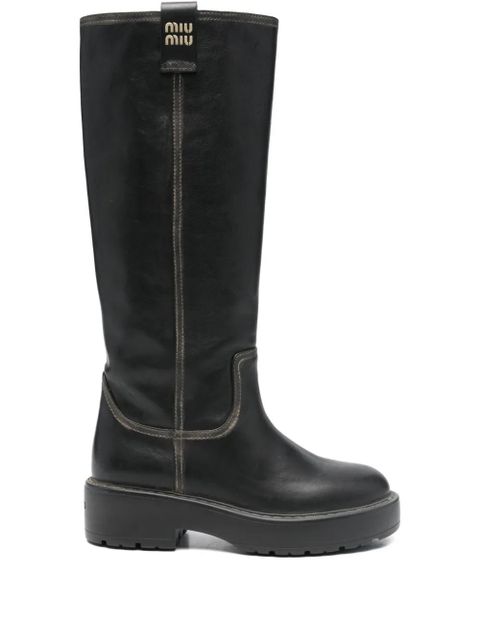 Miu Miu logo-plaque knee-high boots - Black - zdjęcie produktu nr 1