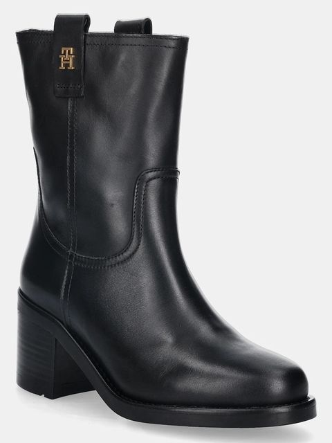 Tommy Hilfiger botki skórzane RIDING LTHR MID BOOT BLOCK HEEL damskie kolor czarny na słupku FW0FW08776 - zdjęcie produktu nr 1