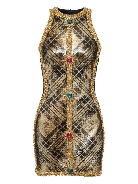 Balmain plaid jewel-embellished sleeveless dress - Gold - zdjęcie produktu nr 1