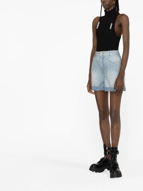 Balmain monogram-print cotton denim shorts - Blue