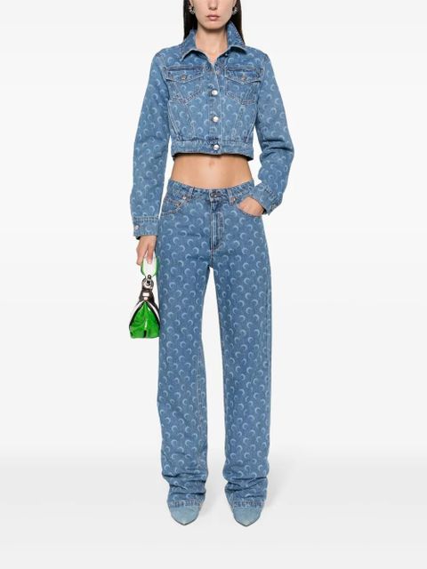 Marine Serre Crescent-Moon-print denim jacket - Blue