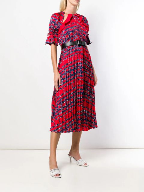 Self-Portrait pleated short-sleeve flared dress