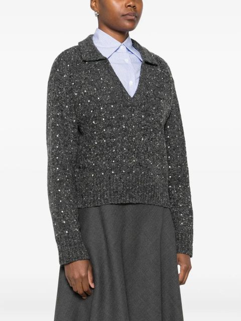 PINKO rhinetone-embellished collared sweater - Grey