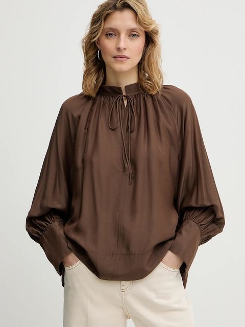 MUNTHE bluzka z dodatkiem jedwabiu ROSEBERGER damska kolor brązowy gładka 254102925427 - zdjęcie produktu nr 1