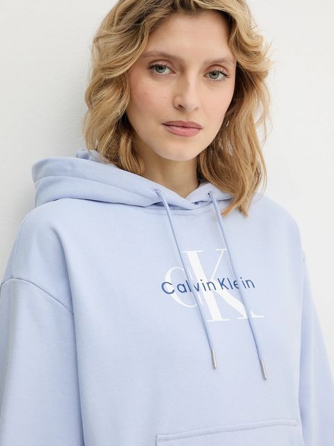 Calvin Klein Jeans bluza damska kolor niebieski z kapturem gładka LV047E221G
