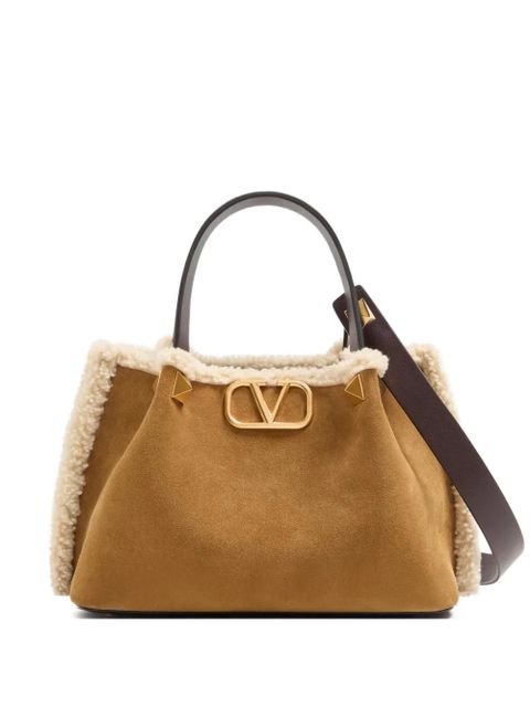 Valentino Garavani small VLogo Signature suede tote bag - Neutrals
