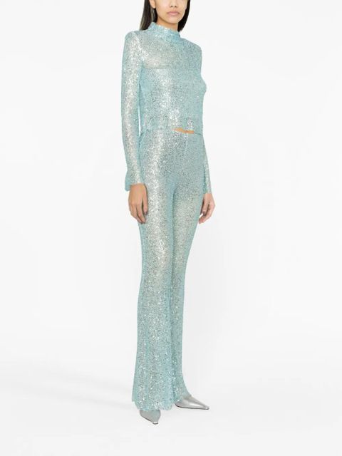 Self-Portrait sequin-embellished mesh trousers - Blue