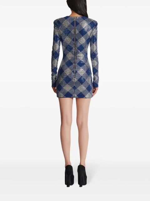 Balmain gingham rhinestone mini dress - Blue