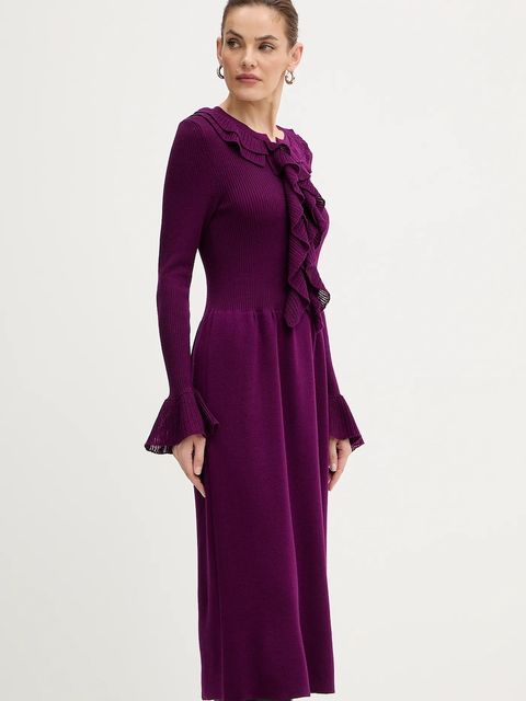 Luisa Spagnoli sukienka wełniana kolor fioletowy midi rozkloszowana 100175 - zdjęcie produktu nr 2