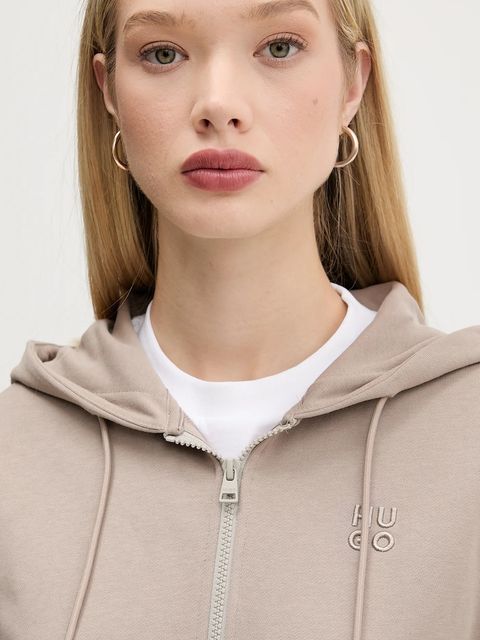 HUGO bluza bawełniana damska kolor beżowy z kapturem gładka 50535240