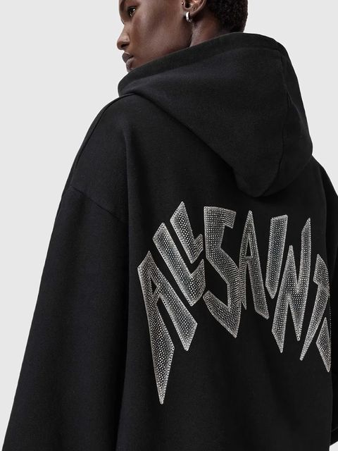 AllSaints bluza bawełniana damska kolor czarny z kapturem z aplikacją W090JD