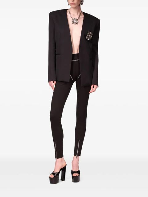 AREA crystal-brooch collarless blazer - Black