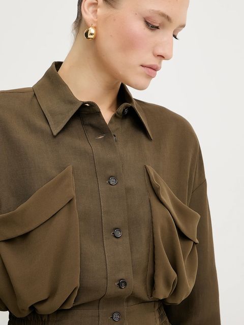 Pinko koszula z domieszką lnu damska kolor zielony regular z kołnierzykiem klasycznym 105017 A2I9