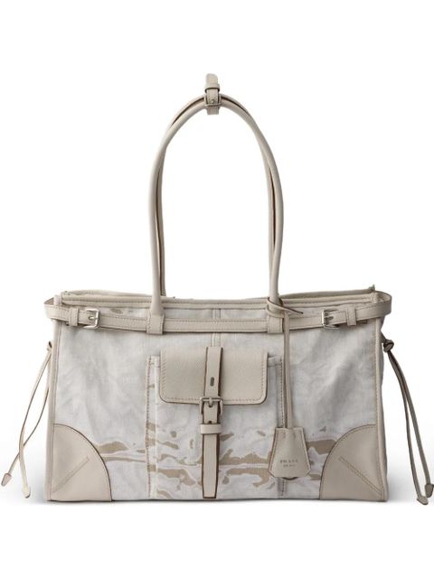 Prada Bonnie large printed linen and leather handbag - Neutrals - zdjęcie produktu nr 1