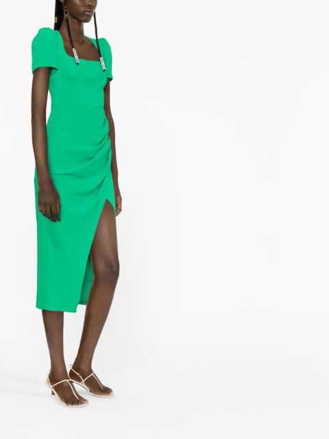 Self-Portrait gathered puff-sleeve dress - Green