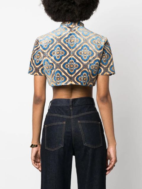 ETRO abstract-print velvet crop top - Blue