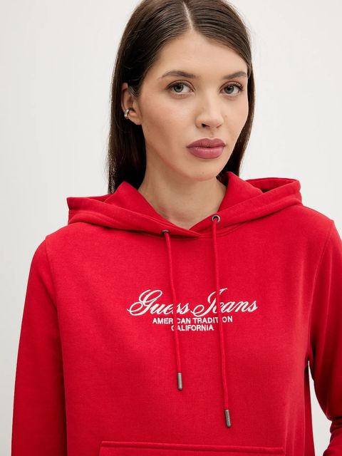 Guess Jeans bluza bawełniana damska kolor czerwony z kapturem z aplikacją W5YQ13 K68I4