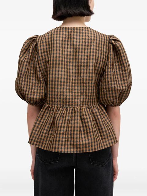 GANNI Gingham Bow Top - Brown