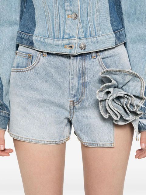 AREA floral-appliqué denim shorts - Blue