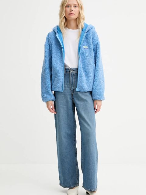 American Vintage bluza damska kolor niebieski z kapturem gładka HOK16E