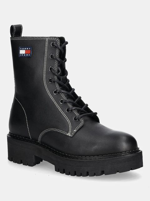 Tommy Jeans workery skórzane TJW URBAN LACE UP BOOT damskie kolor czarny na płaskim obcasie EN0EN02907 - zdjęcie produktu nr 1
