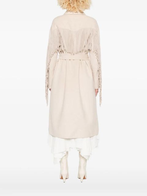 Maje fringe-trimmed belted single-breasted coat - Neutrals