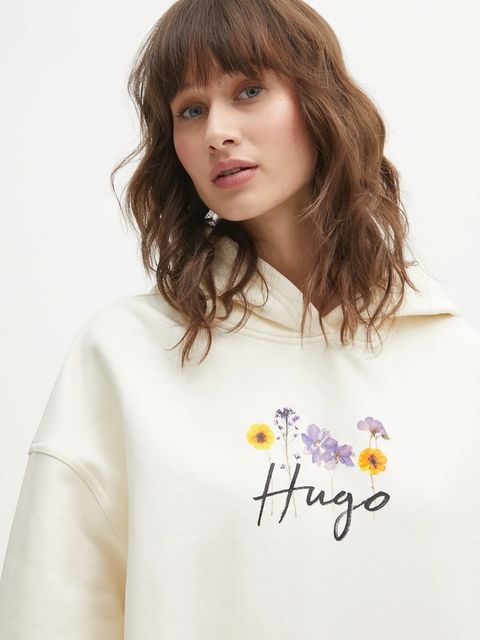 HUGO bluza bawełniana Dalessandra_2 damska kolor beżowy z kapturem z nadrukiem 50555814